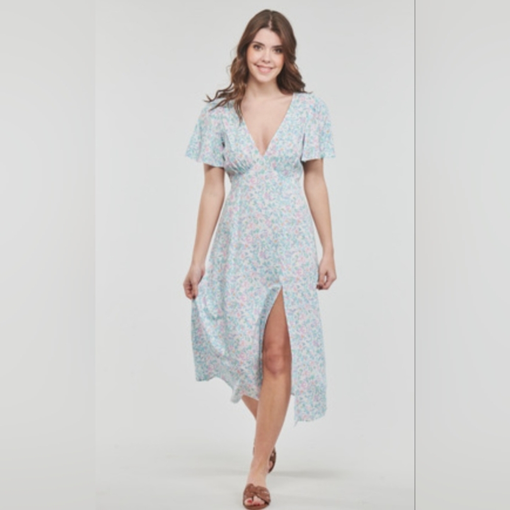 Billabong Jet Set Pink & Blue Pastel Floral Maxi Dress, Size Small